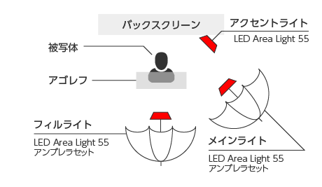 フィルライト+メインライト+アクセントライト（アンブレラ2灯）